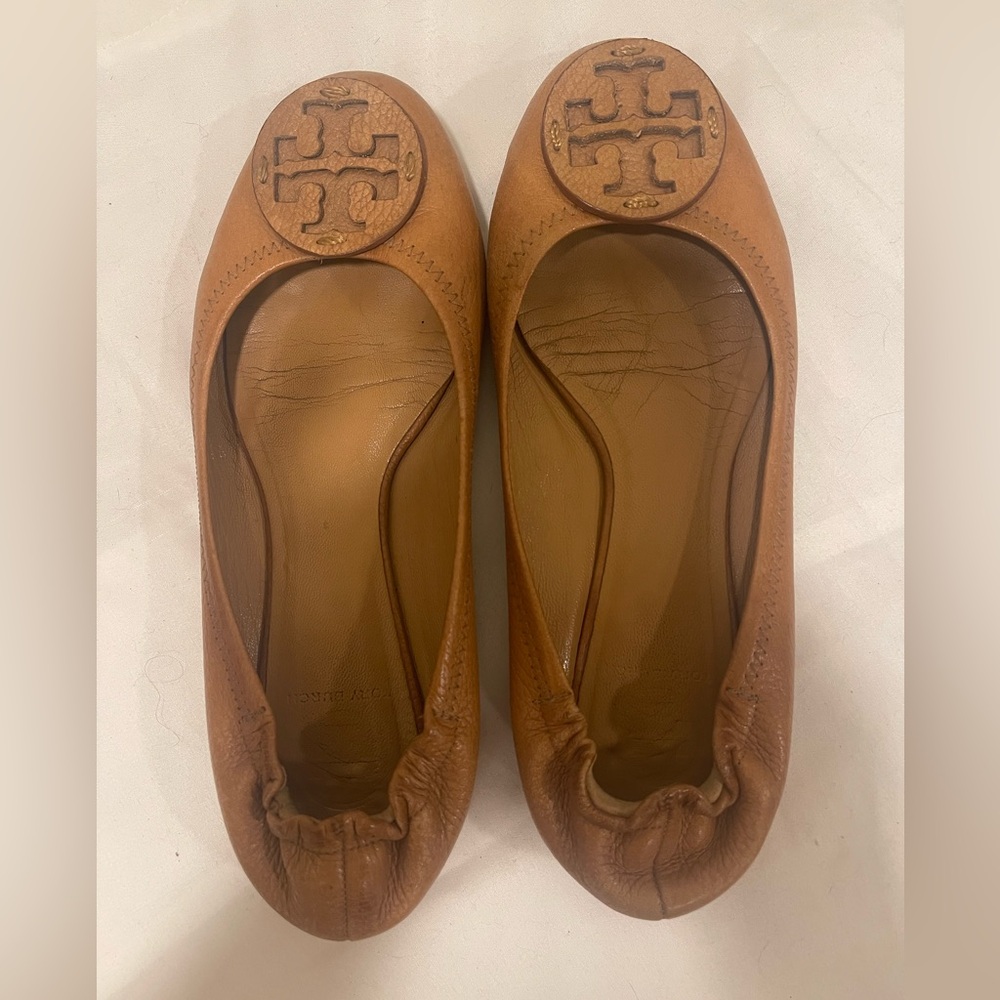 Tory Burch Cognac Leather Logo Ballet Flats